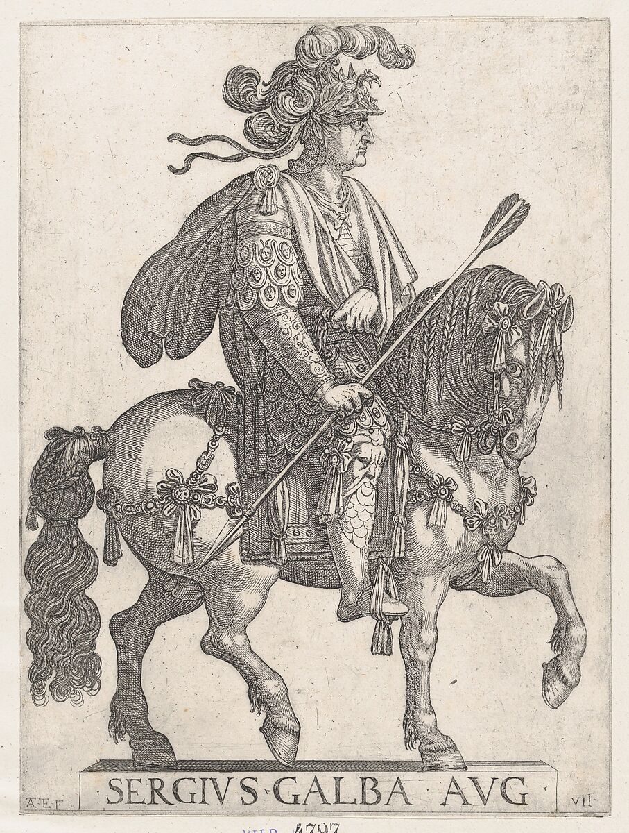 Plate 7: Emperor Galba on Horseback, from 'The First Twelve Roman Caesars', Antonio Tempesta (Italian, Florence 1555–1630 Rome), Etching; first state of two (Bartsch) 