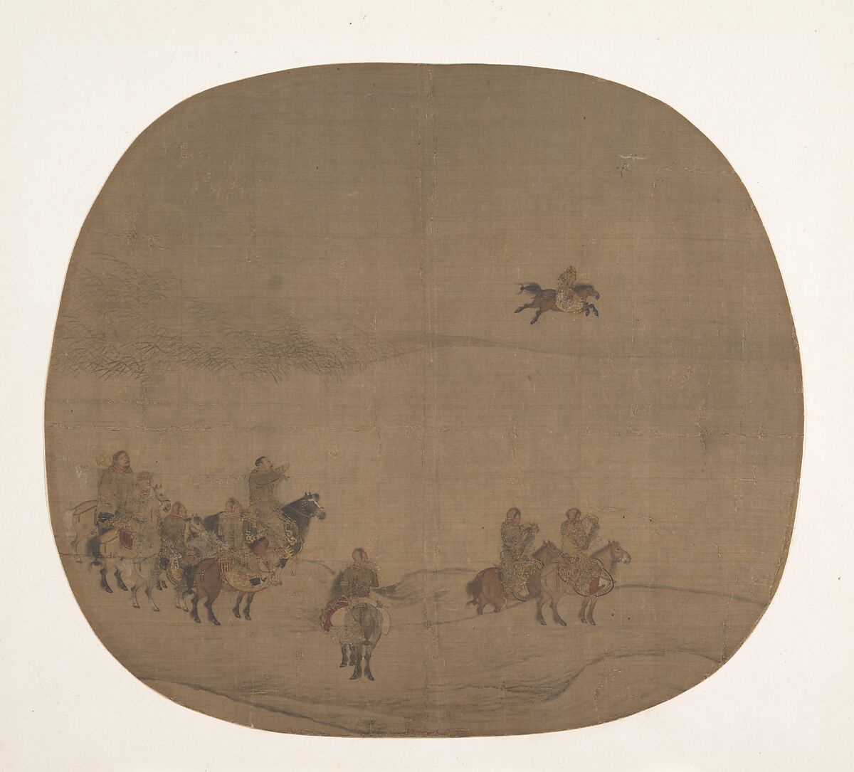Nomads hunting with falcons, Attributed to Chen Juzhong (Chinese, active ca. 1200–30), Fan mounted as an album leaf; ink and color on silk, China 