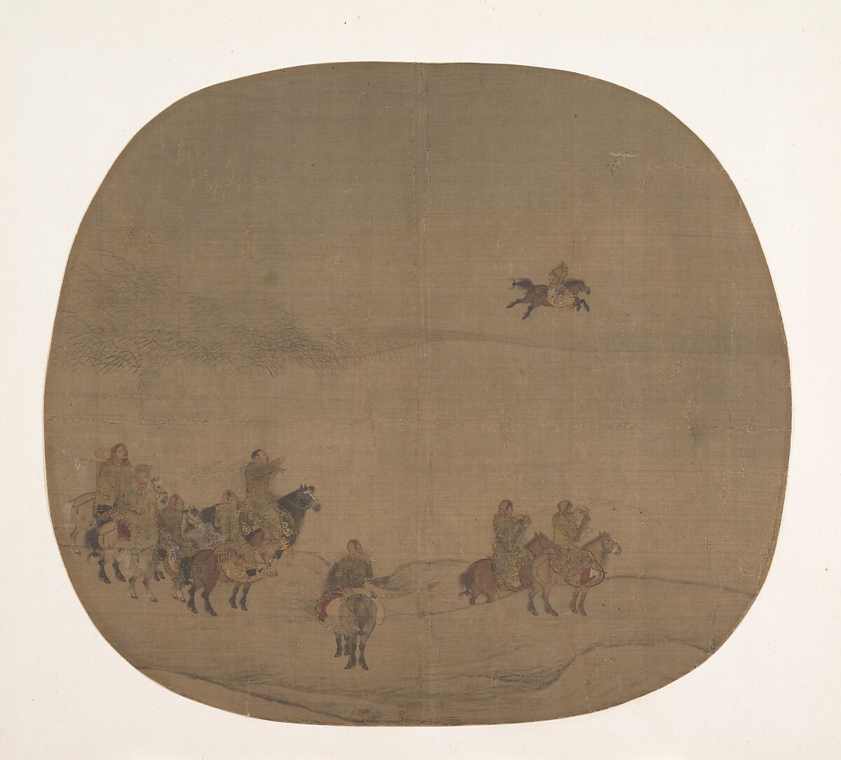 Nomads hunting with falcons, Chen Juzhong  Chinese, Fan mounted as an album leaf; ink and color on silk, China