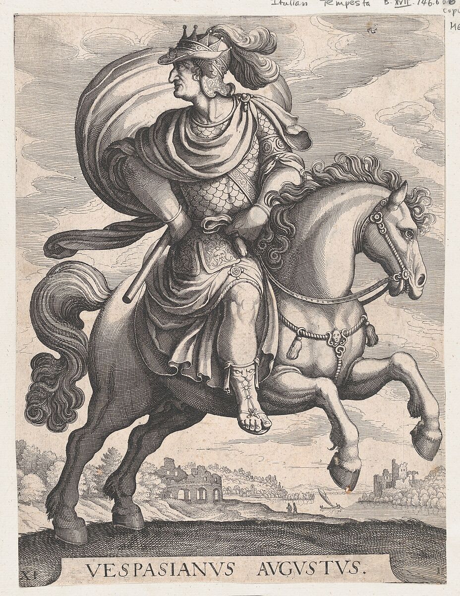 Emperor Vespasian on Horseback, from the series The First Twelve Roman Caesars, plate 11, Matthäus Merian the Elder (Swiss, Basel 1593–1650 Schwalbach), Etching 