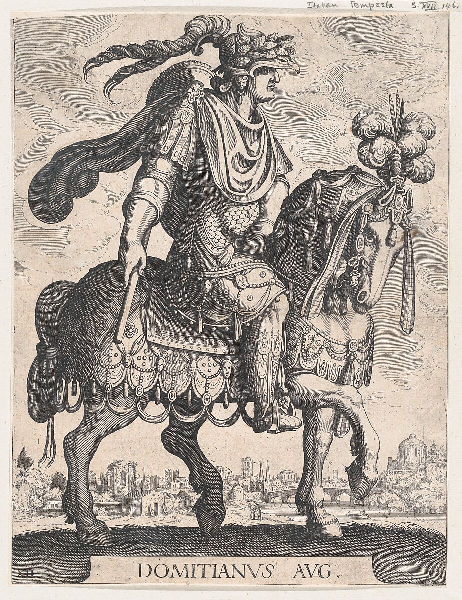 Plate 12: Emperor Domitian on horseback, from 'The First Twelve Roman Caesars' after Tempesta, Matthäus Merian the Elder (Swiss, Basel 1593–1650 Schwalbach), Etching 