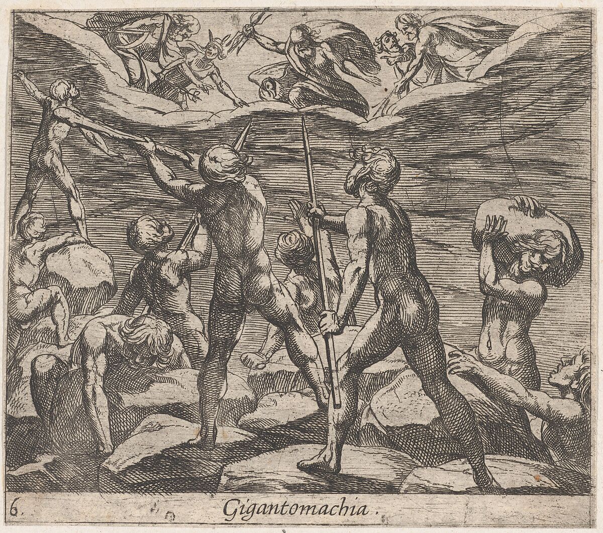 Plate 6: The Giants Attempting to Storm Olympus (Gigantomachia), from Ovid's 'Metamorphoses', Antonio Tempesta (Italian, Florence 1555–1630 Rome), Etching 