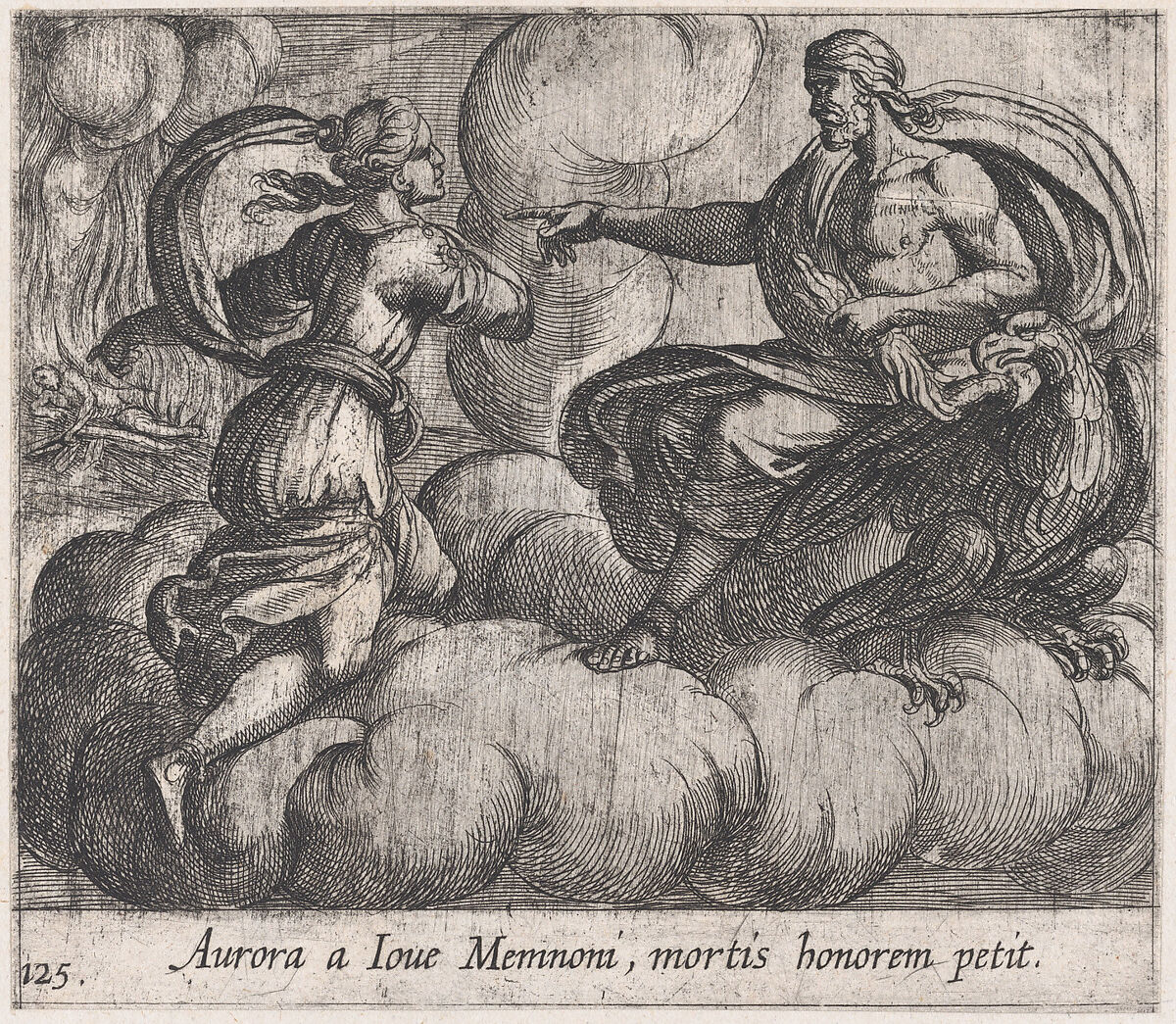 Plate 125: Aurora Asking Jupiter to Honor Memnon (Aurora a Iove Memnoni, mortis honorem petit), from Ovid's 'Metamorphoses', Antonio Tempesta (Italian, Florence 1555–1630 Rome), Etching 