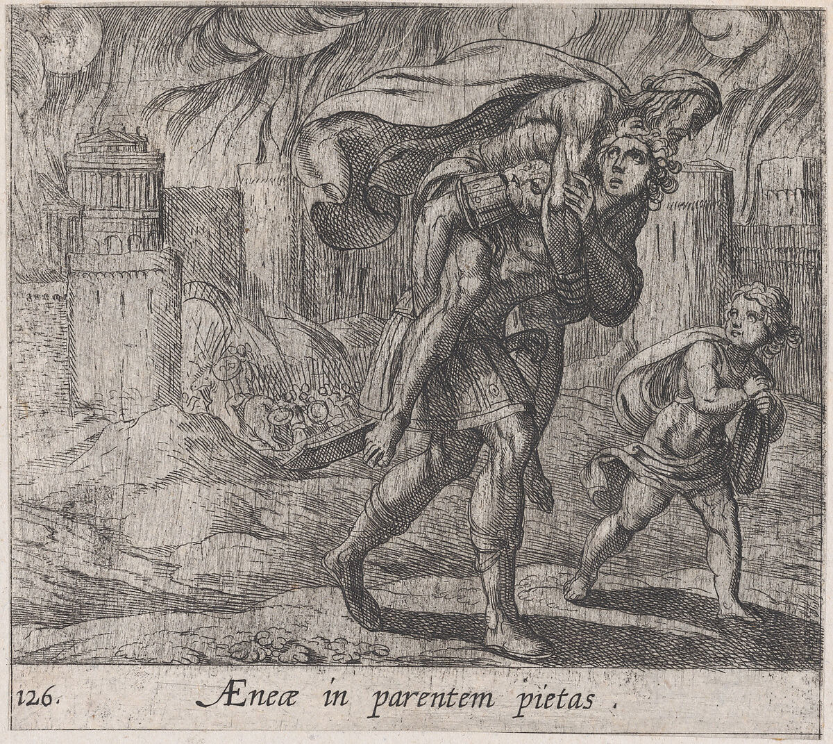 Plate 126: Aeneas and Anchises (AEnea in perentem pietas), from Ovid's 'Metamorphoses', Antonio Tempesta (Italian, Florence 1555–1630 Rome), Etching 