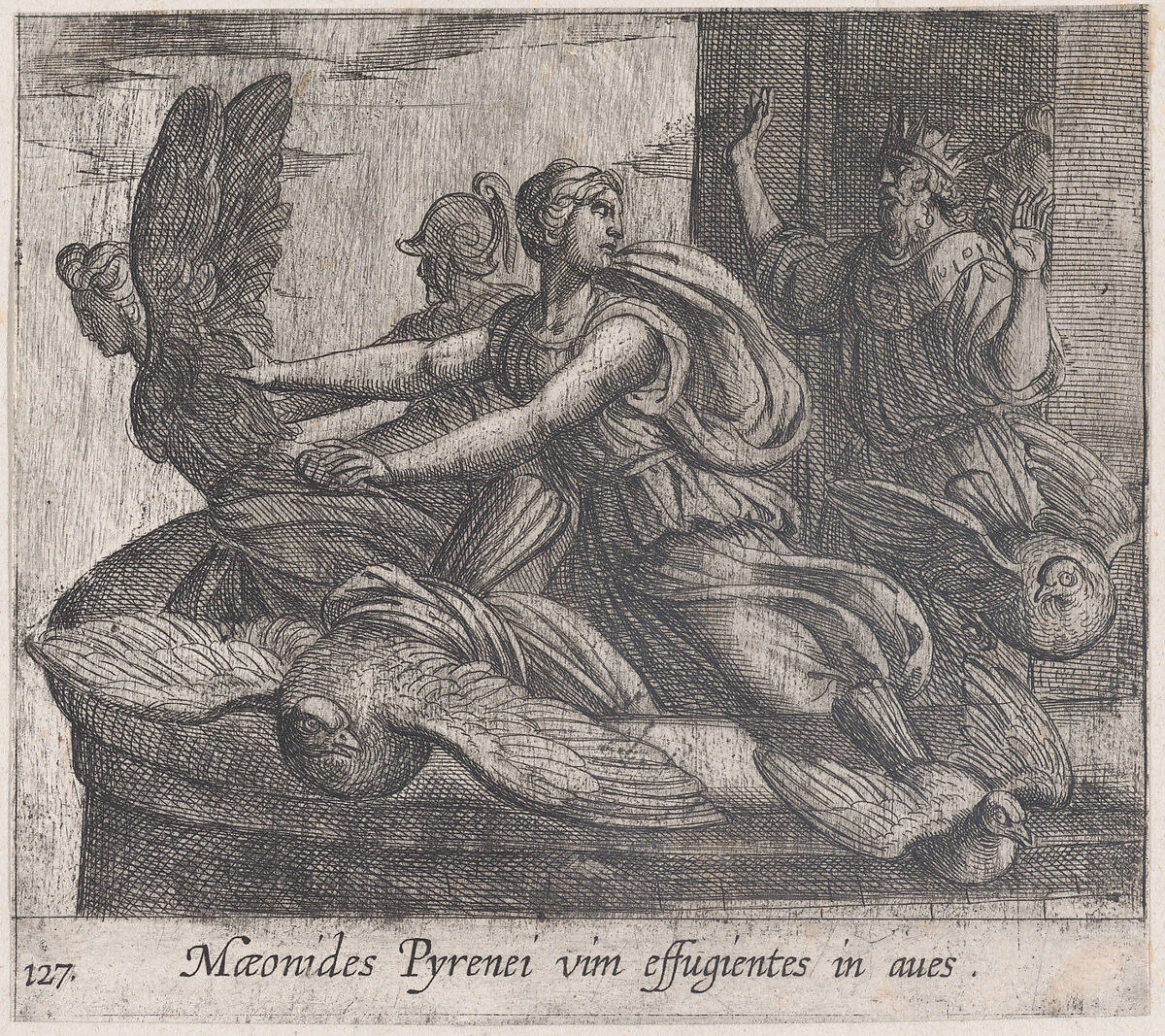 Plate 127: Anius's Daugthers Changing into Birds (Maeonides Pyrenei vim effugientes in aves), from Ovid's 'Metamorphoses', Antonio Tempesta (Italian, Florence 1555–1630 Rome), Etching 