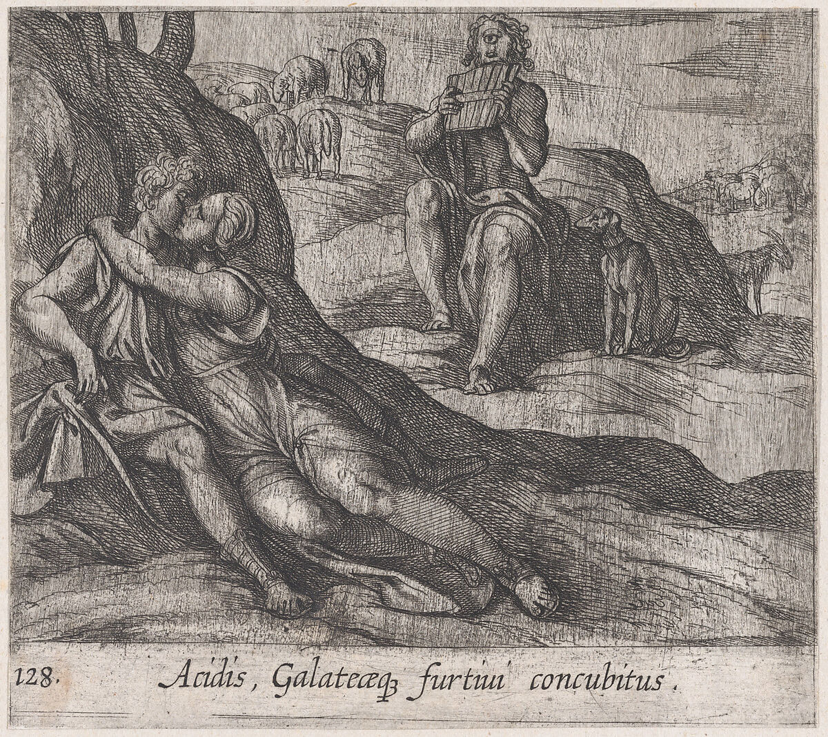 Plate 128: Galatea and Acis Embracing, while Polyphemus Sings for Galatea (Acidis, Galateaeq, furtivi concubitus), from Ovid's 'Metamorphoses', Antonio Tempesta (Italian, Florence 1555–1630 Rome), Etching 