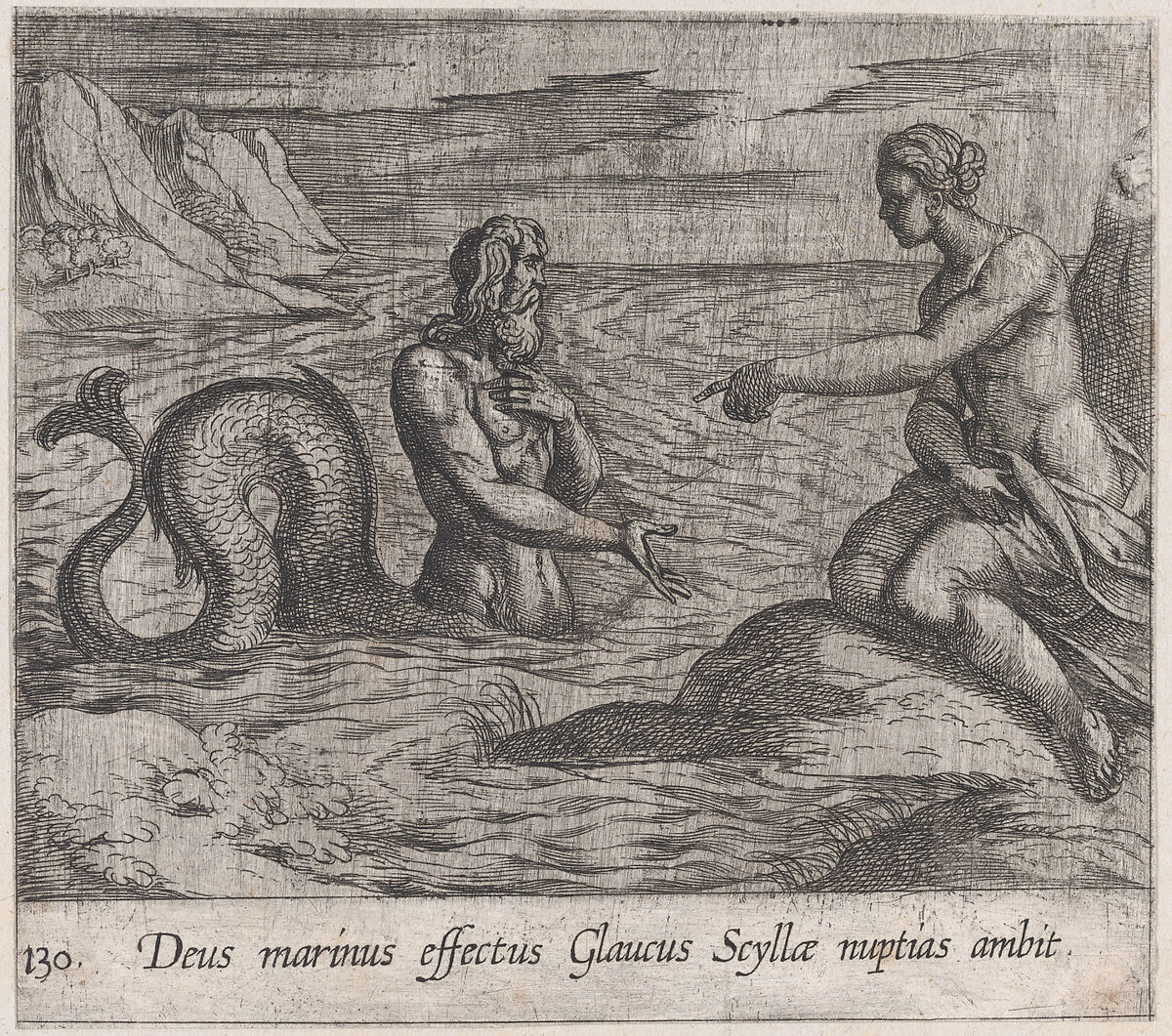 Plate 130: Scylla and Glaucus (Deus marinus effectus Glaucus Scyllae nuptias ambit), from Ovid's 'Metamorphoses', Antonio Tempesta (Italian, Florence 1555–1630 Rome), Etching 