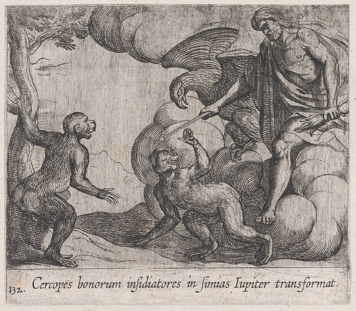 Plate 132: Jupiter Changing the Cercopians into Monkeys (Cercopes bonorum insidiatores in Simias Iupiter transformat), from Ovid's 'Metamorphoses', Antonio Tempesta (Italian, Florence 1555–1630 Rome), Etching 
