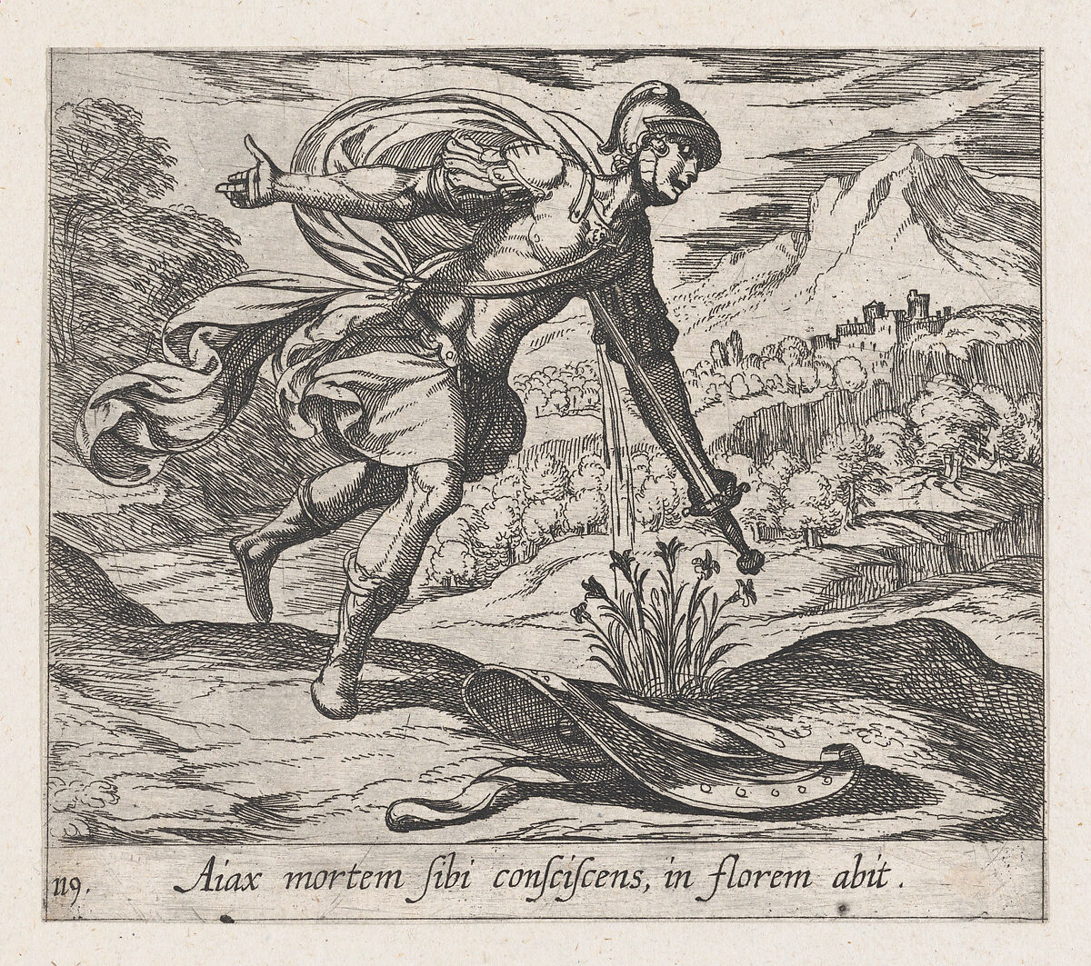 Plate119: The Death of Ajax (Aiax moretm Sibi consciscens, in florem abit), from Ovid's 'Metamorphoses', Antonio Tempesta (Italian, Florence 1555–1630 Rome), Etching 