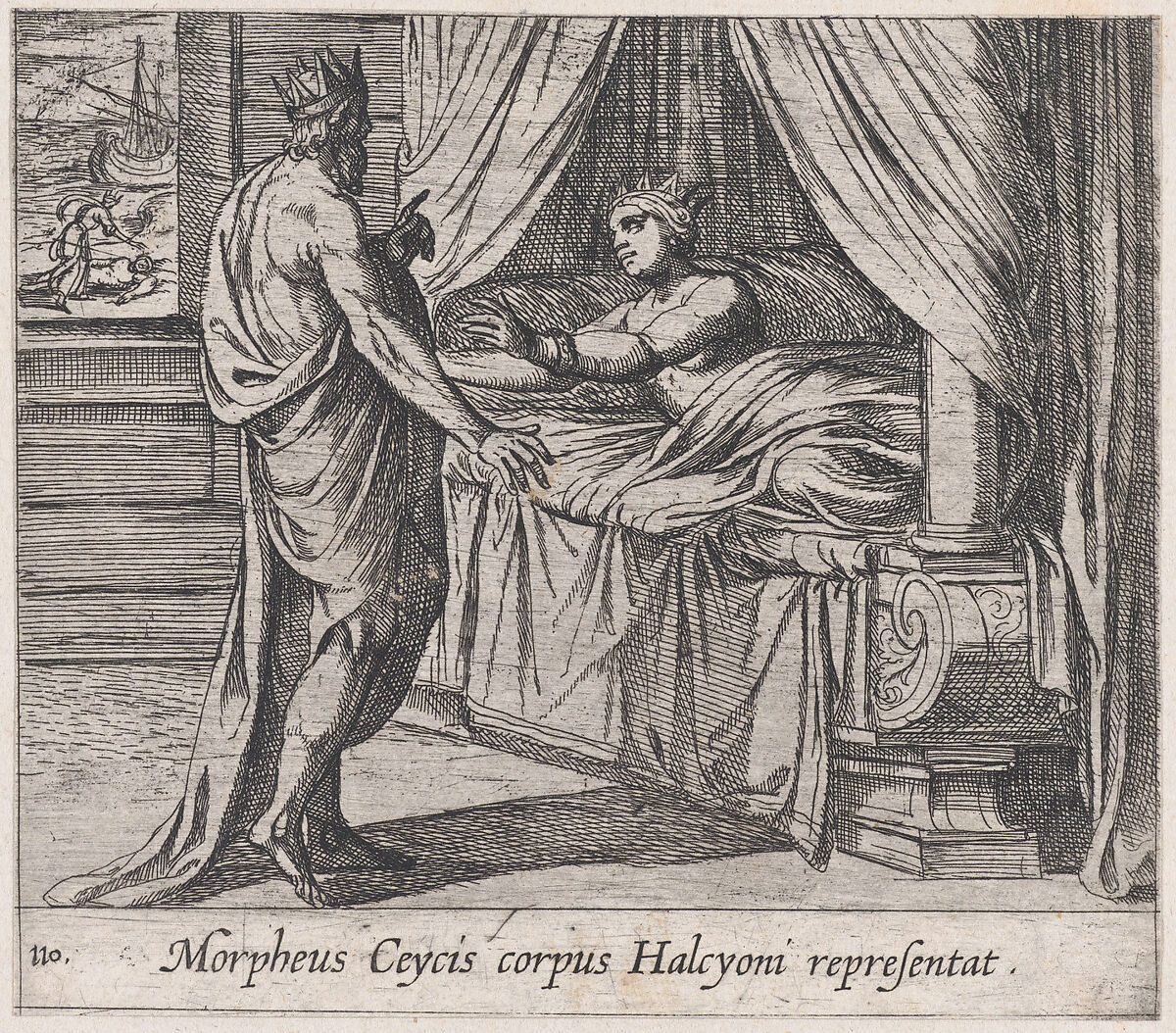 Plate 110: Morpheus, as Ceyx, Appearing to Alcyone (Morpheus Ceycis corpus Halcyoni representat), from Ovid's 'Metamorphoses', Antonio Tempesta (Italian, Florence 1555–1630 Rome), Etching 