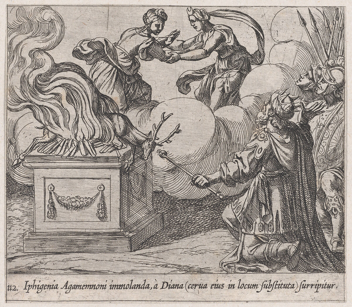 Plate 112: Agamemnon Sacrificing Iphigenia (Iphigenia Agamemnoni immolanda, à Diana (cerva eius in locum substituta) surripitur), from Ovid's 'Metamorphoses', Antonio Tempesta (Italian, Florence 1555–1630 Rome), Etching 