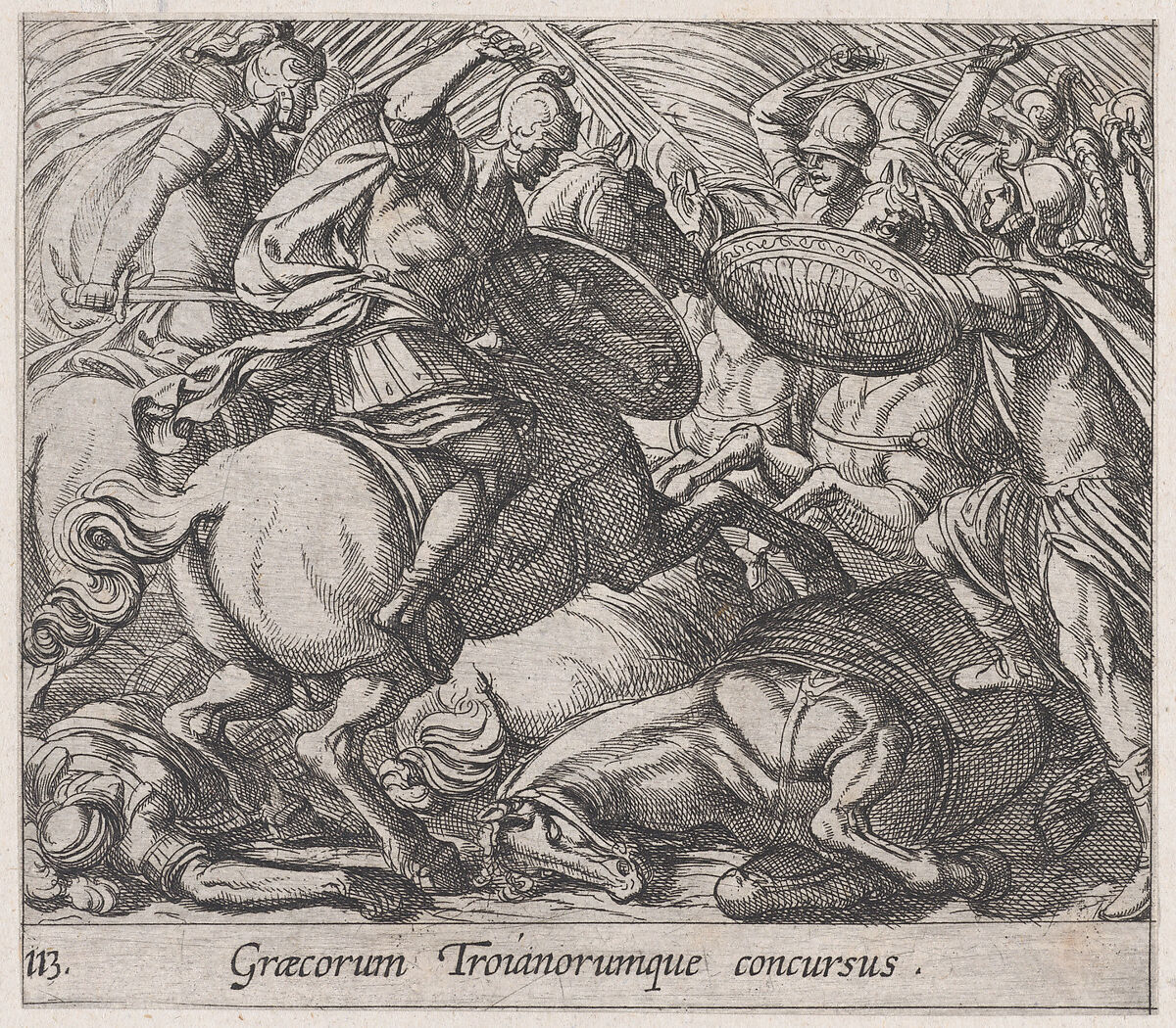 Plate 113: The Greeks Battling the Trojans (Graecorum Troianorumque concursus), from Ovid's 'Metamorphoses', Antonio Tempesta (Italian, Florence 1555–1630 Rome), Etching 