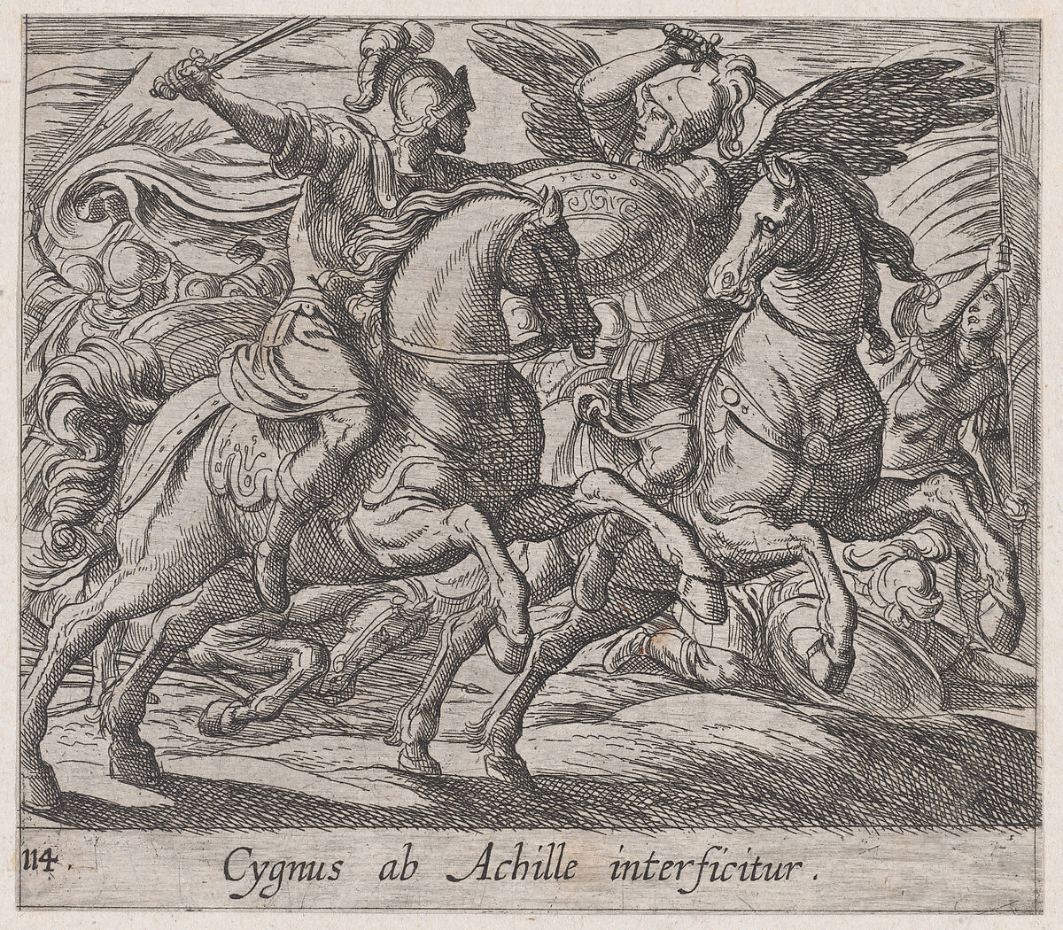 Plate 114: Achilles Battling Cygnus (Cygnus ab Achille interficitur), from Ovid's 'Metamorphoses', Antonio Tempesta (Italian, Florence 1555–1630 Rome), Etching 