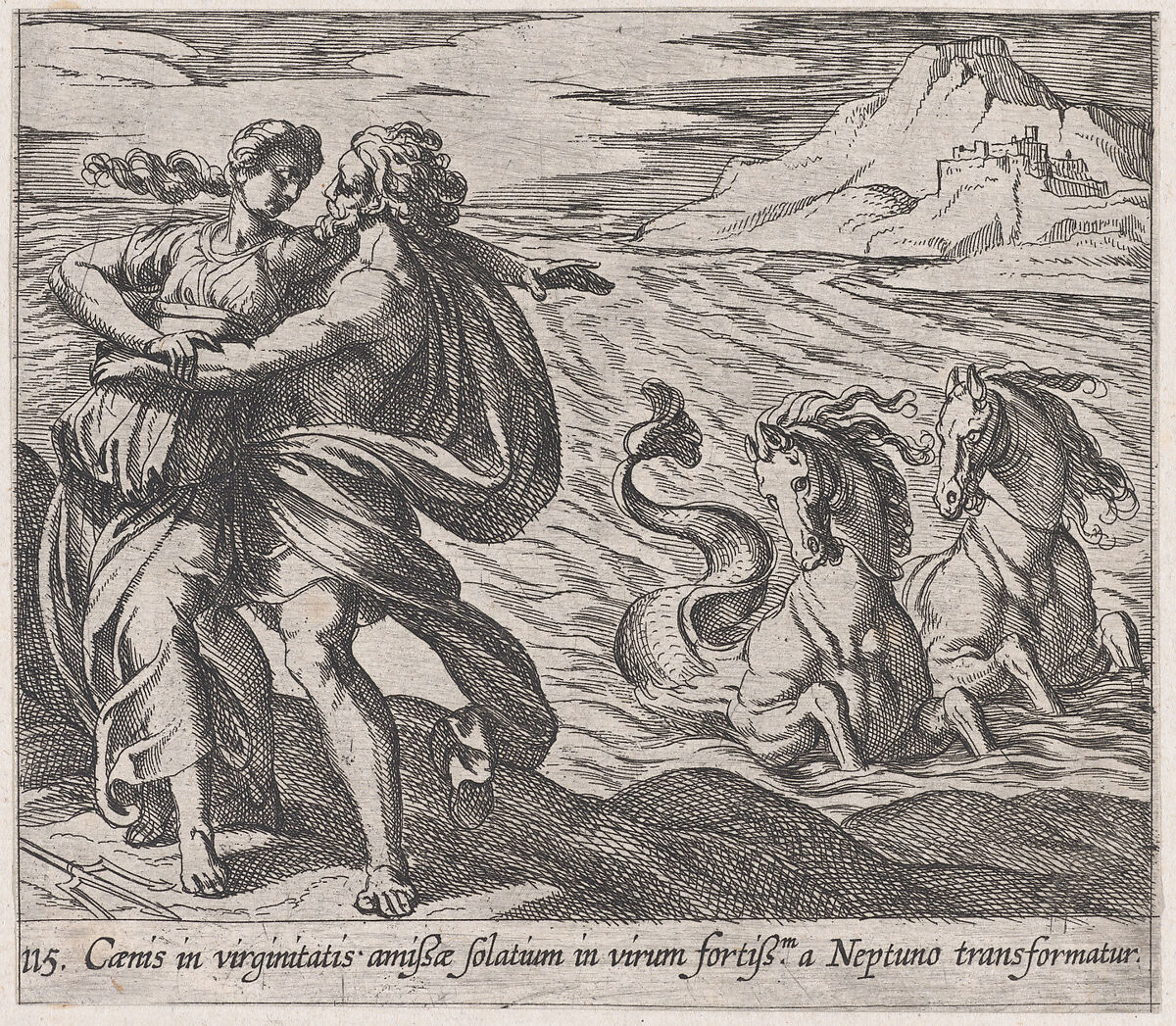 Plate 115: The Rape of Caenis (Caenis in virginitatis amißae solatium in virum fortiß.m a Neptuno transformatur), from Ovid's 'Metamorphoses', Antonio Tempesta (Italian, Florence 1555–1630 Rome), Etching 