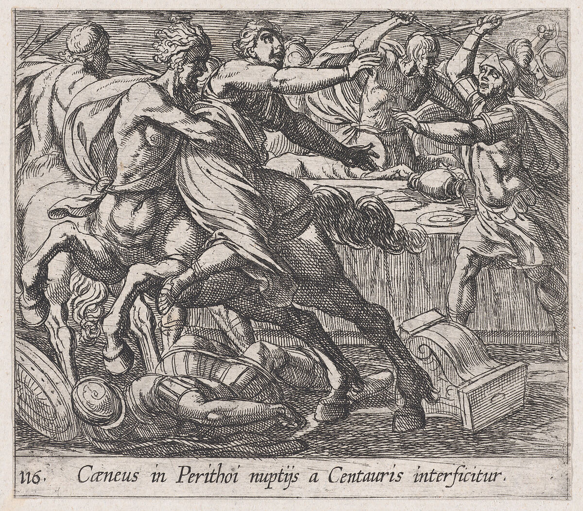 Plate 116: The Battle of the Lapithae and the Centaurs (Caeneus in Perithoi nuptijs a Centauris interficitur), from Ovid's 'Metamorphoses', Antonio Tempesta (Italian, Florence 1555–1630 Rome), Etching 