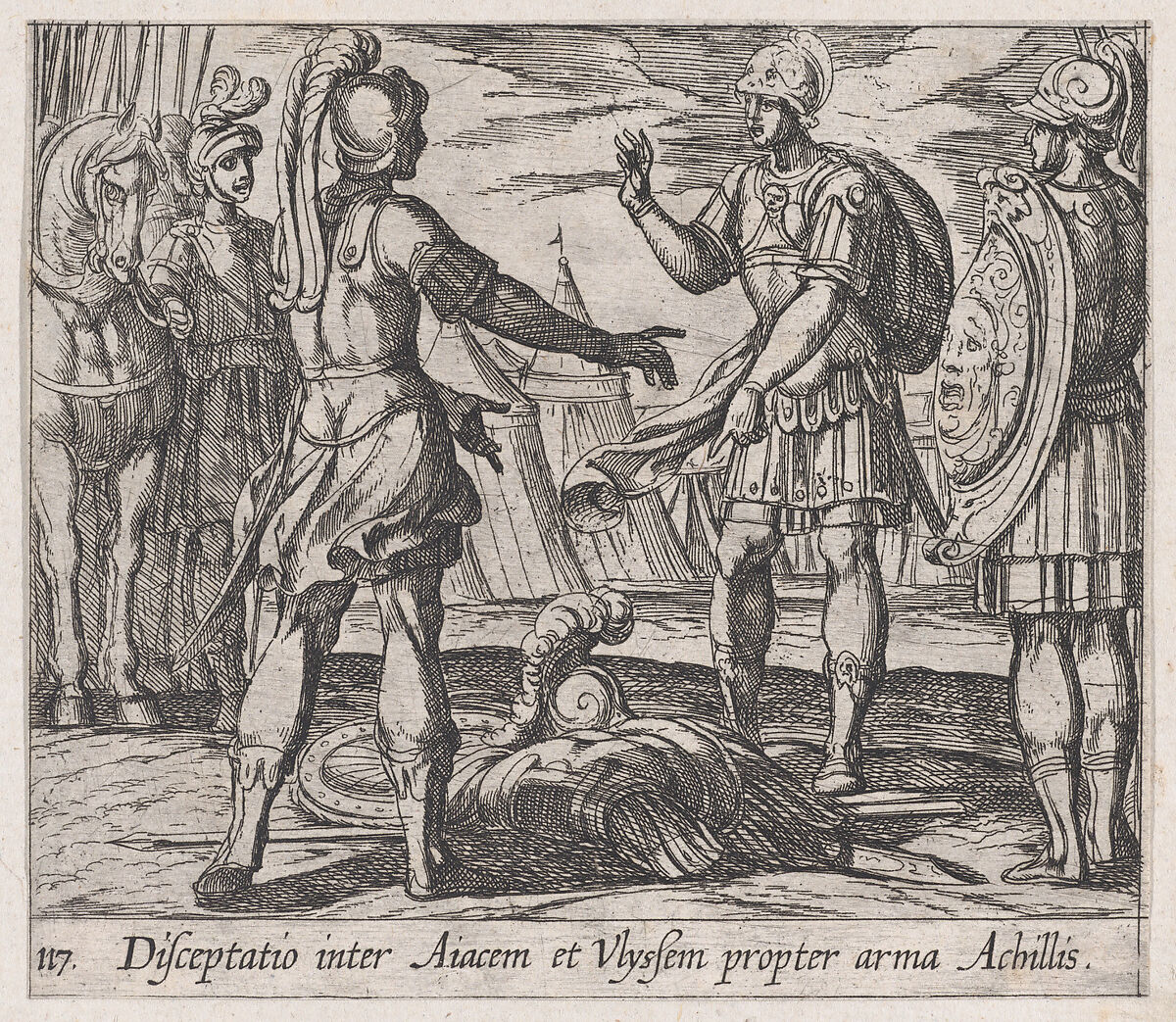 Plate 117: The Dispute over Achilles' Armor (Disceptatio inter Aiacem et Ulyssem propter arma Achillis), from Ovid's 'Metamorphoses', Antonio Tempesta (Italian, Florence 1555–1630 Rome), Etching 