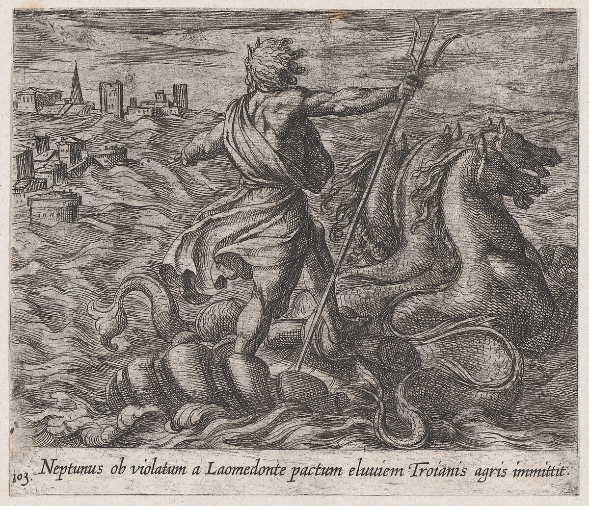 Plate 103: Neptune Sending a Deluge to Troy (Neptunus ob violatum a Laomendonte pactum eluviem Troianis agris immittit), from Ovid's 'Metamorphoses', Antonio Tempesta (Italian, Florence 1555–1630 Rome), Etching 