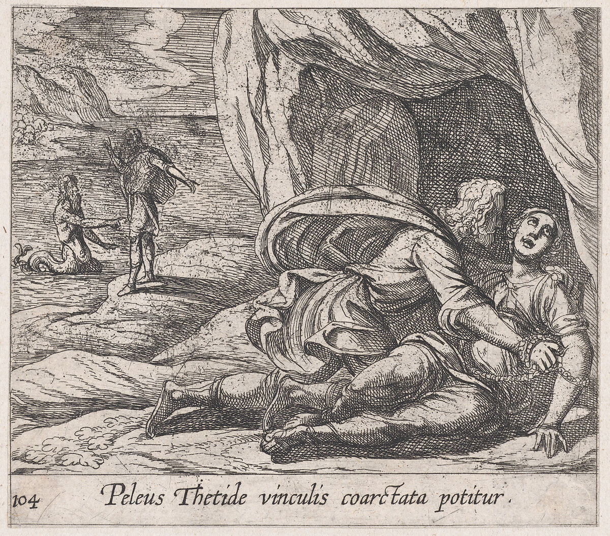 Plate 104: Peleus Embracing Thetis (Peleus Thetide vinculis coarctata potitur), from Ovid's 'Metamorphoses', Antonio Tempesta (Italian, Florence 1555–1630 Rome), Etching 