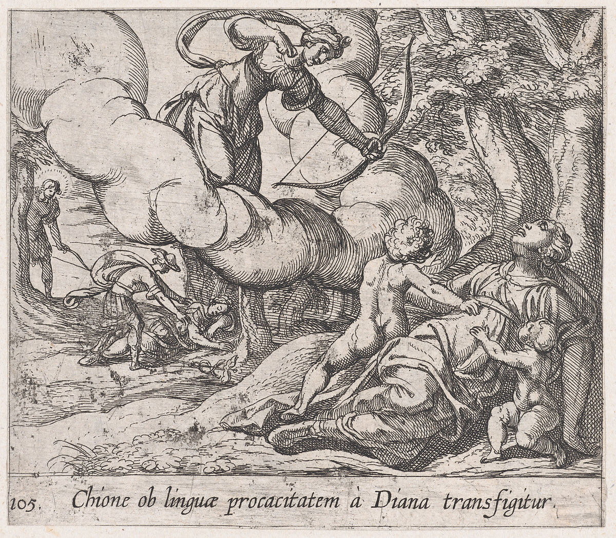 Plate 105: Diane Killing Chione (Chione ob linguae procacitatem a Diana transfigitur), from Ovid's 'Metamorphoses', Antonio Tempesta (Italian, Florence 1555–1630 Rome), Etching 