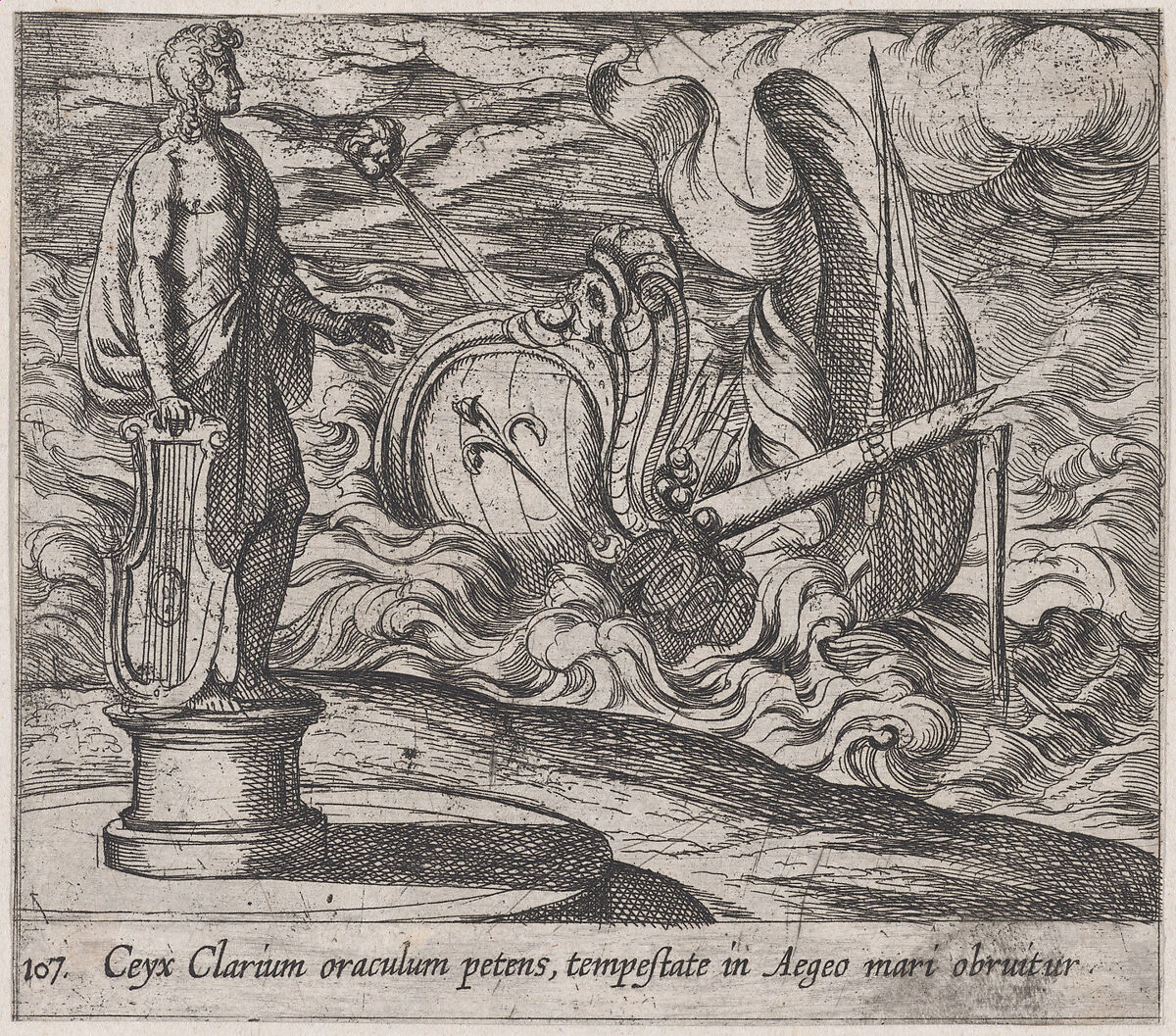 Plate 107: The Wreck of Ceyx's Ship (Ceyx Clarium oraculum petens, tempstate in Aegeo mari obruitur), from Ovid's 'Metamorphoses', Antonio Tempesta (Italian, Florence 1555–1630 Rome), Etching 