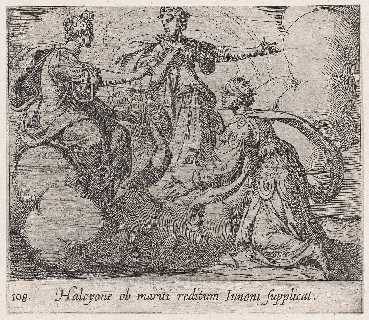 Plate 108: Alcyone Offering Prayers to Juno (Halcyone ob mariti reditum Iunoni supplicat), from Ovid's 'Metamorphoses', Antonio Tempesta (Italian, Florence 1555–1630 Rome), Etching 