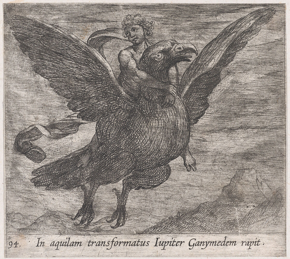 Plate 94: Jupiter and Ganymede (In aquilam transformatus Iupiter Ganymedem rapit), from Ovid's 'Metamorphoses', Antonio Tempesta (Italian, Florence 1555–1630 Rome), Etching 