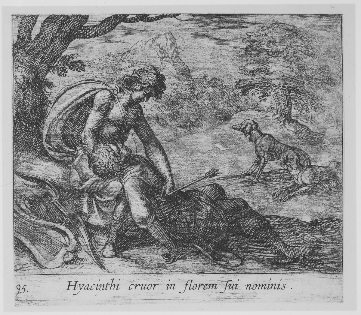 Plate 95: The Death of Hyacinthus (Hyacinthi cruor in florem sui nominis), from Ovid's 'Metamorphoses', Antonio Tempesta (Italian, Florence 1555–1630 Rome), Etching
