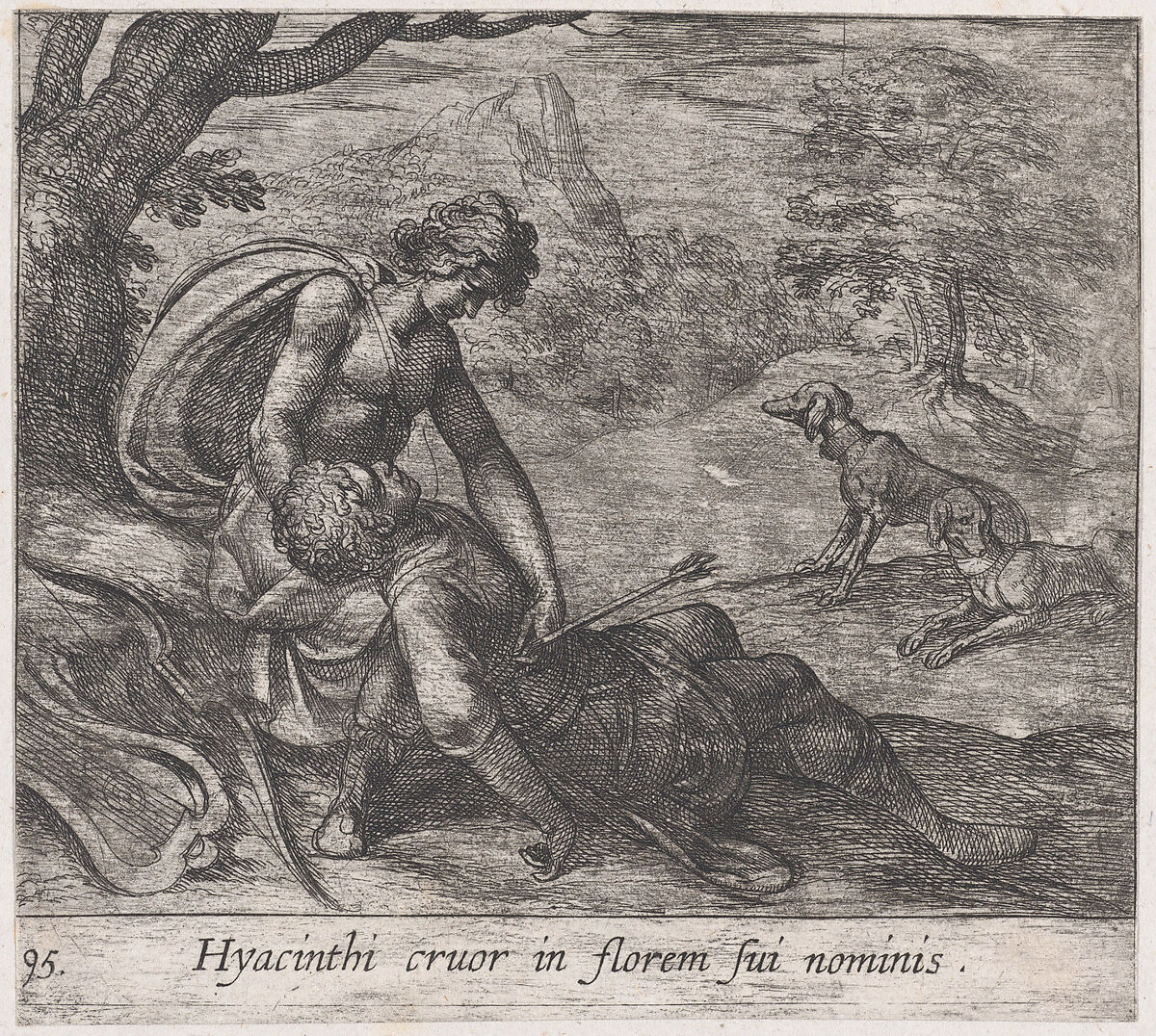 Plate 95: The Death of Hyacinthus (Hyacinthi cruor in florem sui nominis), from Ovid's 'Metamorphoses', Antonio Tempesta (Italian, Florence 1555–1630 Rome), Etching 