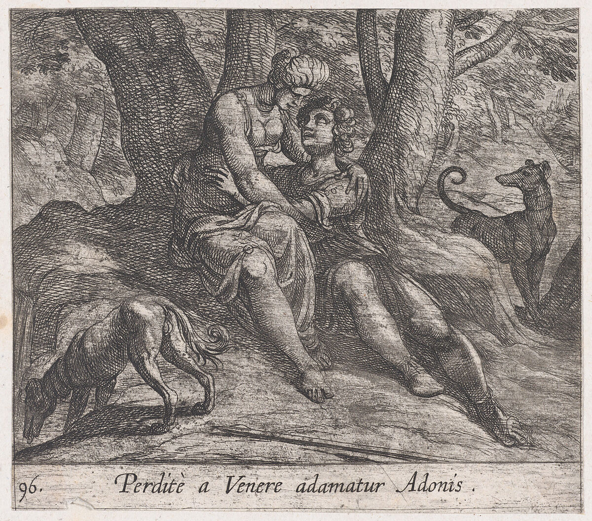 Plate 96: Venus and Adonis Embracing (Perditè a Venere adamatur Adonis), from Ovid's 'Metamorphoses', Antonio Tempesta (Italian, Florence 1555–1630 Rome), Etching 