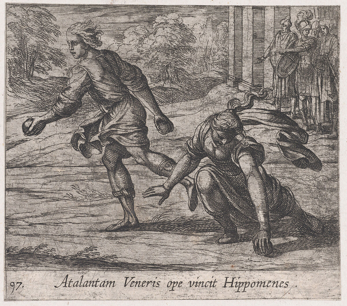 Plate 97: Hippomenes Winning the Race with Atalanta (Atalantam Veneris ope vincit Hippomenes), from Ovid's 'Metamorphoses', Antonio Tempesta (Italian, Florence 1555–1630 Rome), Etching 