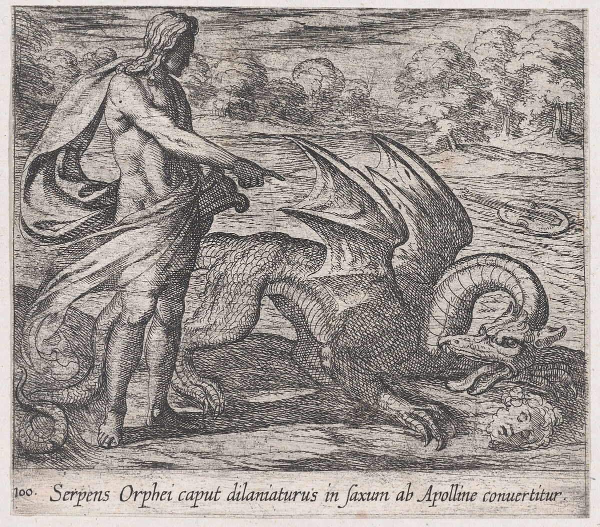 Plate 100: Apollo Killing the Serpent Attacking Opheus's Head (Serpens Orphei caput dilaniaturus in saxum ab Apolline convertitur), from Ovid's 'Metamorphoses', Antonio Tempesta (Italian, Florence 1555–1630 Rome), Etching 
