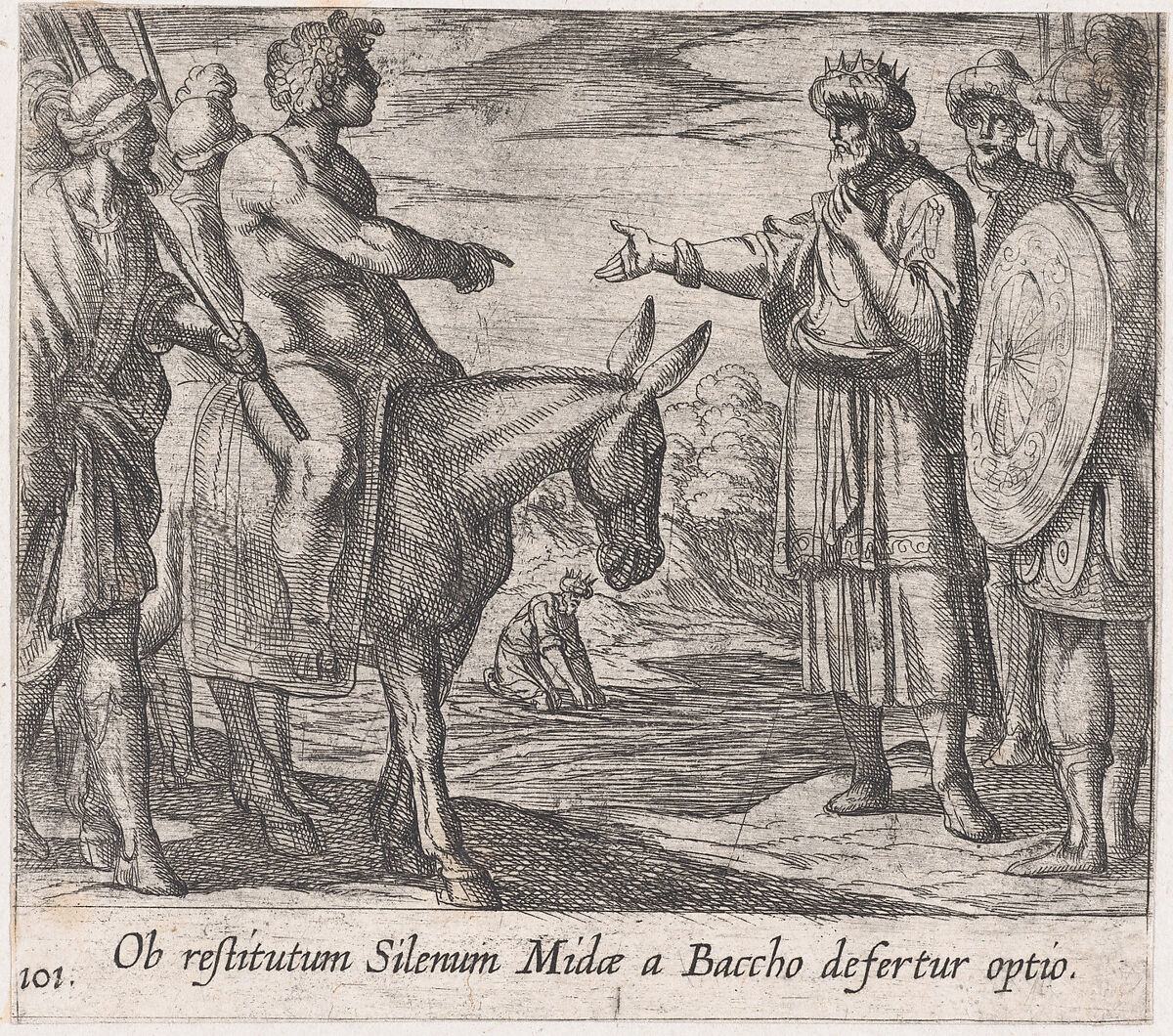 Plate 101: Bacchus Granting Midas's Wish (Ob restitutum Silenum Midae a Baccho Defertur optio), from Ovid's 'Metamorphoses', Antonio Tempesta (Italian, Florence 1555–1630 Rome), Etching 