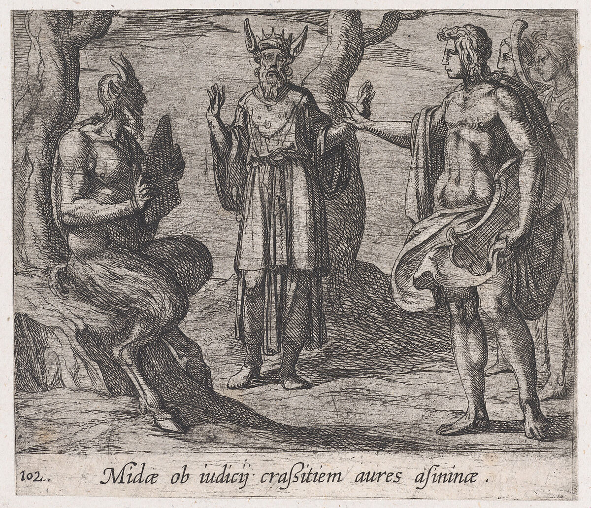 Plate 102: Midas with the Ears of an Ass (Midae ob iudicij craßustiem aures asininae), from Ovid's 'Metamorphoses', Antonio Tempesta (Italian, Florence 1555–1630 Rome), Etching 