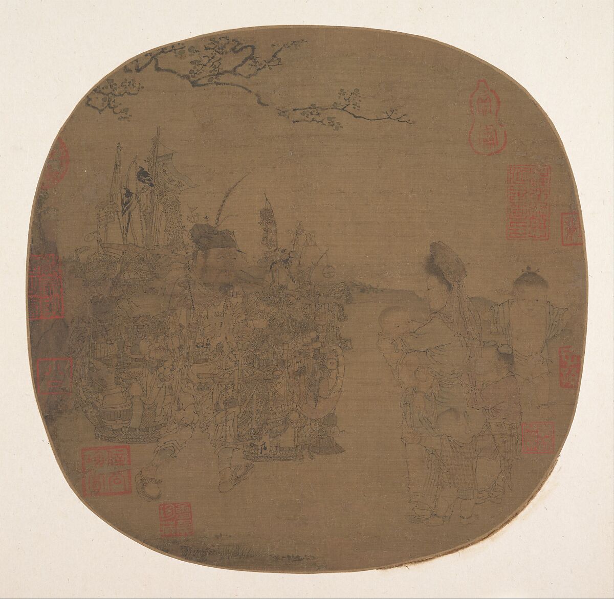 Knickknack Peddler, Unidentified artist Chinese, 13th–15th century?, Fan mounted as an album leaf; ink and color on silk, China 