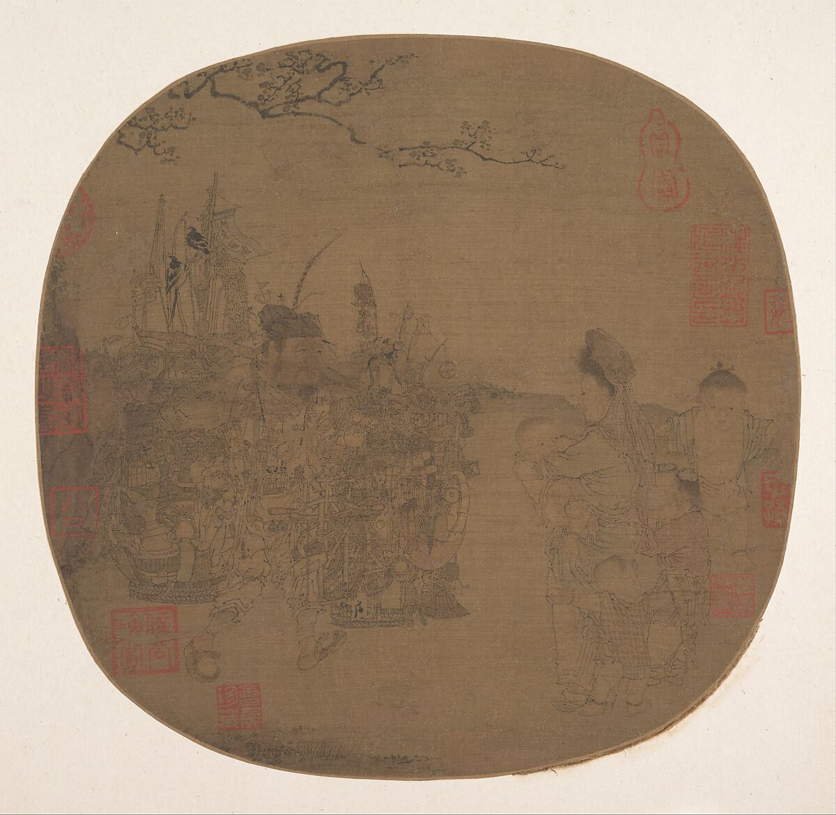 Knickknack peddler, Unidentified artist Chinese, 13th–15th century, Fan mounted as an album leaf; ink and color on silk, China 