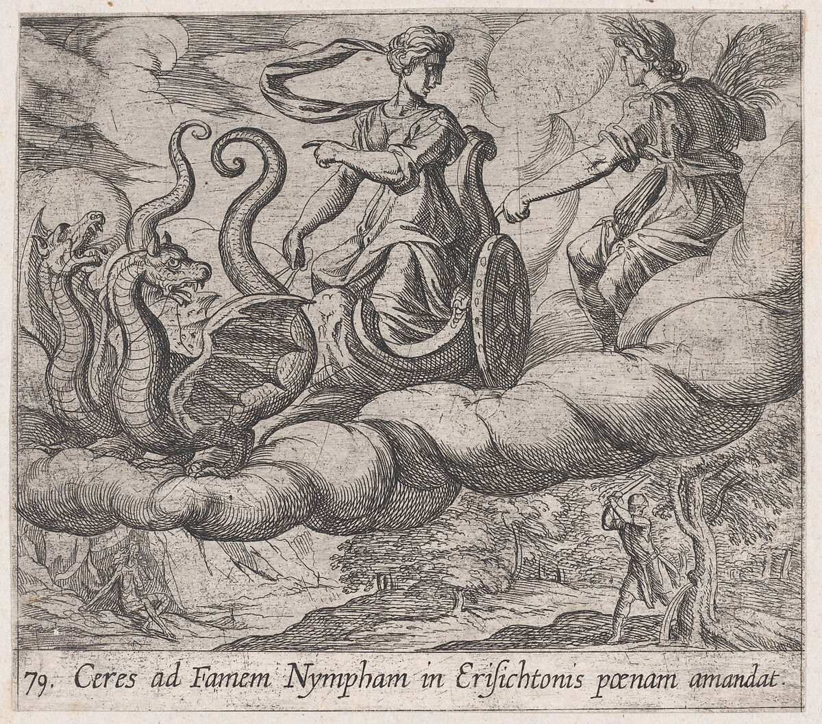 Plate 79: Ceres Ordering Erysichthon's Punishment (Ceres ad Famem Mypham in Erisichtonis paenam amandat), from Ovid's 'Metamorphoses', Antonio Tempesta (Italian, Florence 1555–1630 Rome), Etching 