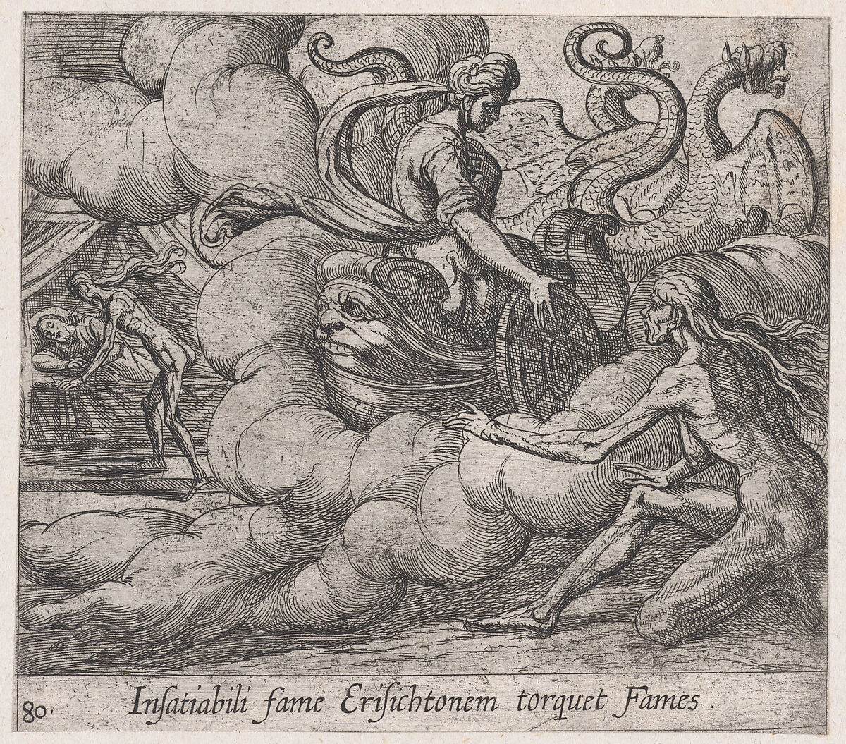 Plate 80: Ceres' Nymph Telling Famine to Strike Erysichthon (Insatiabili fame Erisichtonem torquet Fames), from Ovid's 'Metamorphoses', Antonio Tempesta (Italian, Florence 1555–1630 Rome), Etching 