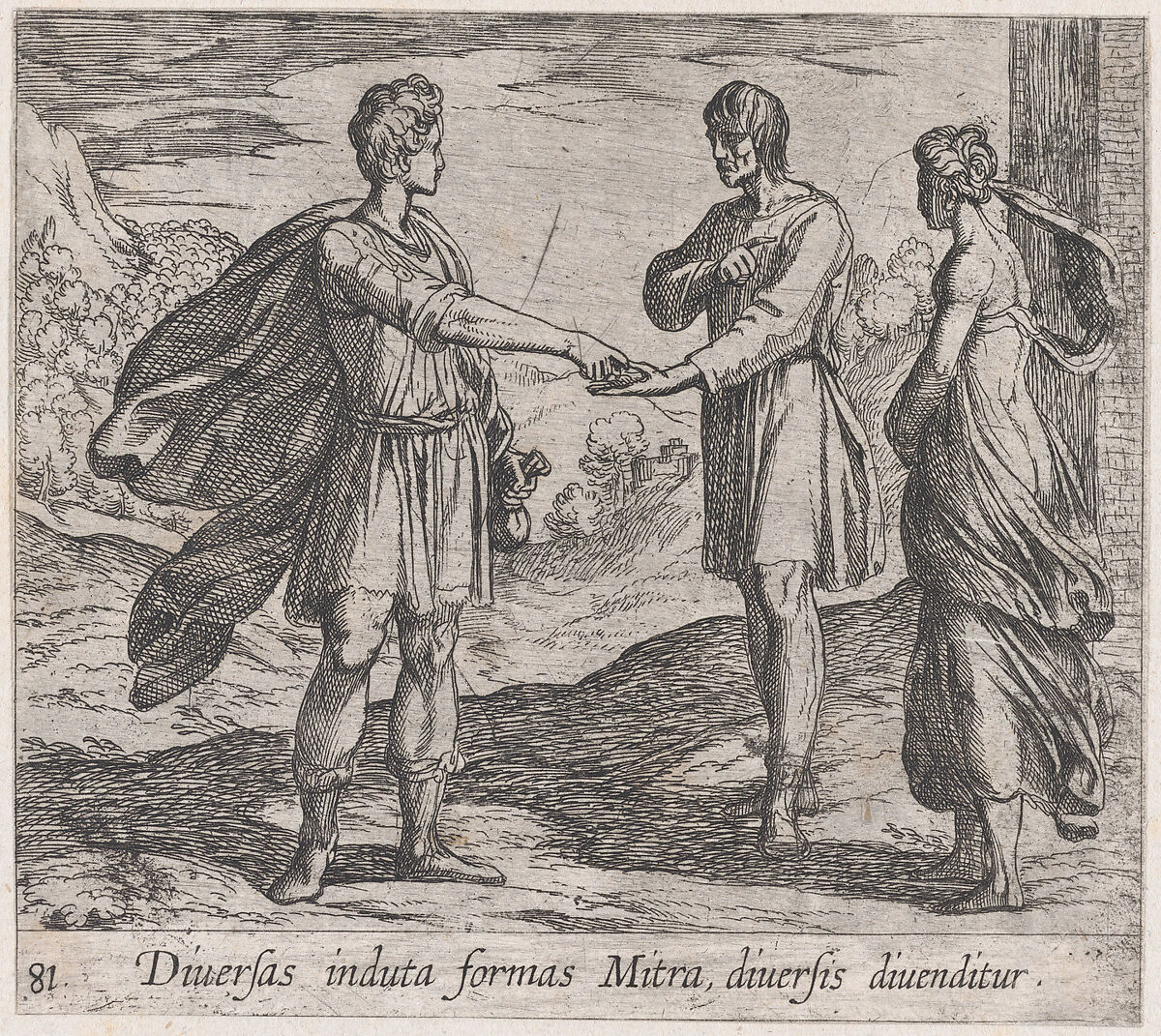 Plate 81: Erysichthon Selling his Daughter (Diversas induta Mitra diversis divenditur), from Ovid's 'Metamorphoses', Antonio Tempesta (Italian, Florence 1555–1630 Rome), Etching 