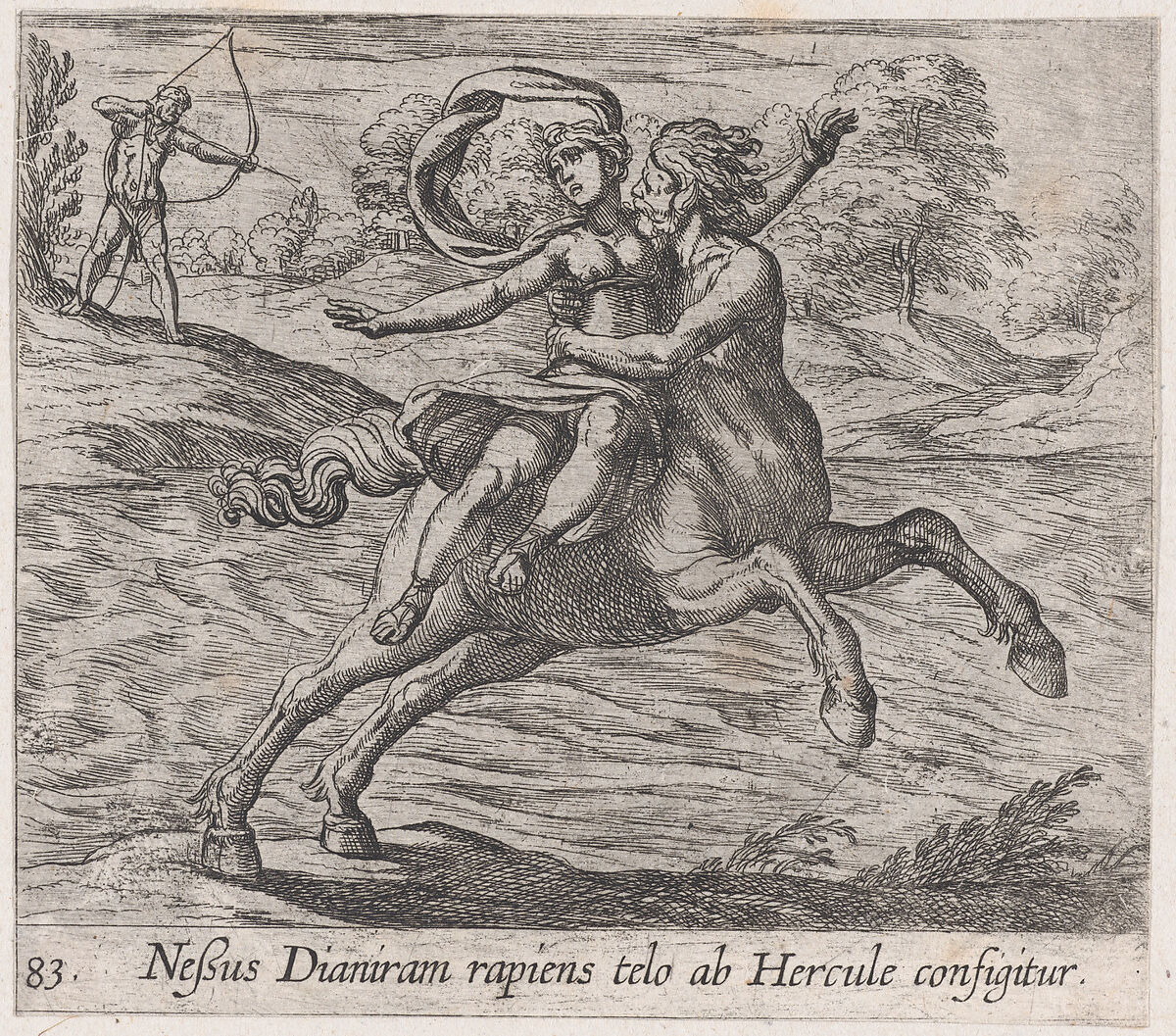 Plate 83: Nessus Attempting to Take Dejanera from Hercules (Neßus Dianiram rapiens telo ab Hercule configitur), from Ovid's 'Metamorphoses', Antonio Tempesta (Italian, Florence 1555–1630 Rome), Etching 