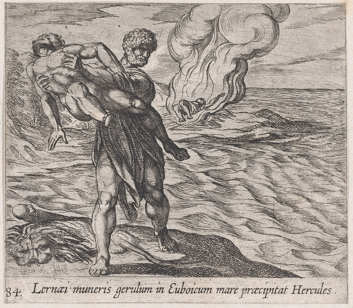Plate 84: Hercules Throwing Lichas into the Sea (Lernaei muneris gerulum in Euboicum mare praecipitat Hercules), from Ovid's 'Metamorphoses', Antonio Tempesta (Italian, Florence 1555–1630 Rome), Etching 