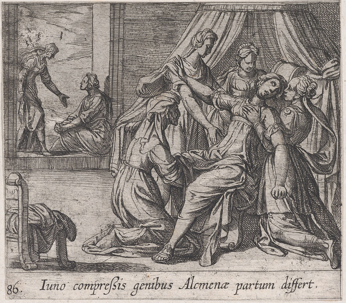 Plate 86: The Birth of Hercules (Iuno compreßis genibus Alcumenae partum differt), from Ovid's 'Metamorphoses', Antonio Tempesta (Italian, Florence 1555–1630 Rome), Etching 