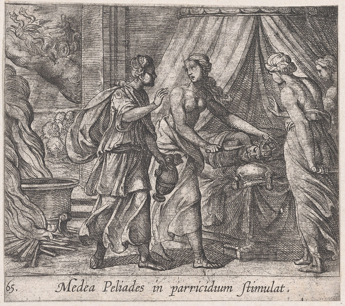 Plate 65: Medea Urging the Daughters of King Pellias to Murder Their Father (Medea Peliades in parricidium stimulat), from Ovid's 'Metamorphoses', Antonio Tempesta (Italian, Florence 1555–1630 Rome), Etching 