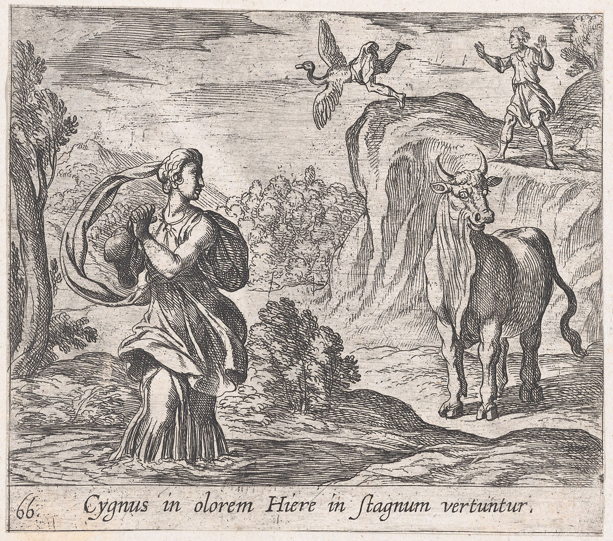 Plate 66: Cycnus and Hyrie (Cygnus in olorem Hiere in stagnum vertuntur), from Ovid's 'Metamorphoses', Antonio Tempesta (Italian, Florence 1555–1630 Rome), Etching 