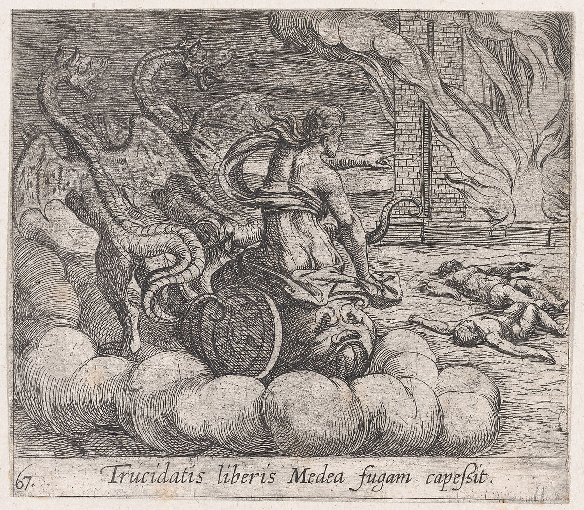 Plate 67: Medea Destroying Jason's Family and Home (Trucidatis liberis Medea fugam capeßit), from Ovid's 'Metamorphoses', Antonio Tempesta (Italian, Florence 1555–1630 Rome), Etching 