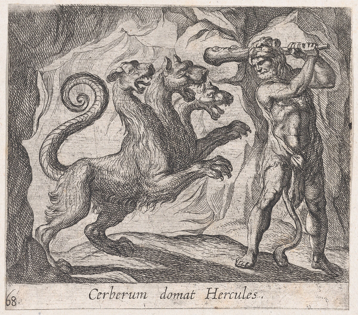 Plate 68: Hercules and Cerberus (Cerberum domat Hercules), from Ovid's 'Metamorphoses', Antonio Tempesta (Italian, Florence 1555–1630 Rome), Etching 