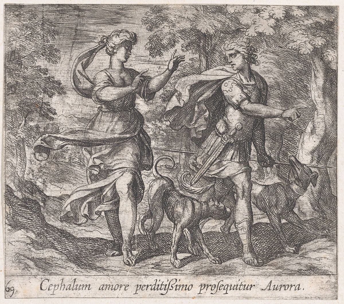 Plate 69: Cephalus and Aurora (Cephalum amore perditißimo prosequitar Aurora), from Ovid's 'Metamorphoses', Antonio Tempesta (Italian, Florence 1555–1630 Rome), Etching 
