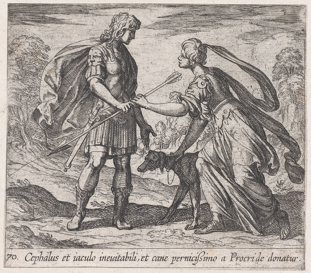 Pltae 70: Procris Giving Cephalus a Dog and a Javelin (Cephalus et iaculo inevitabili, et cane pernicißimo a Procride donatur), from Ovid's 'Metamorphoses', Antonio Tempesta (Italian, Florence 1555–1630 Rome), Etching 