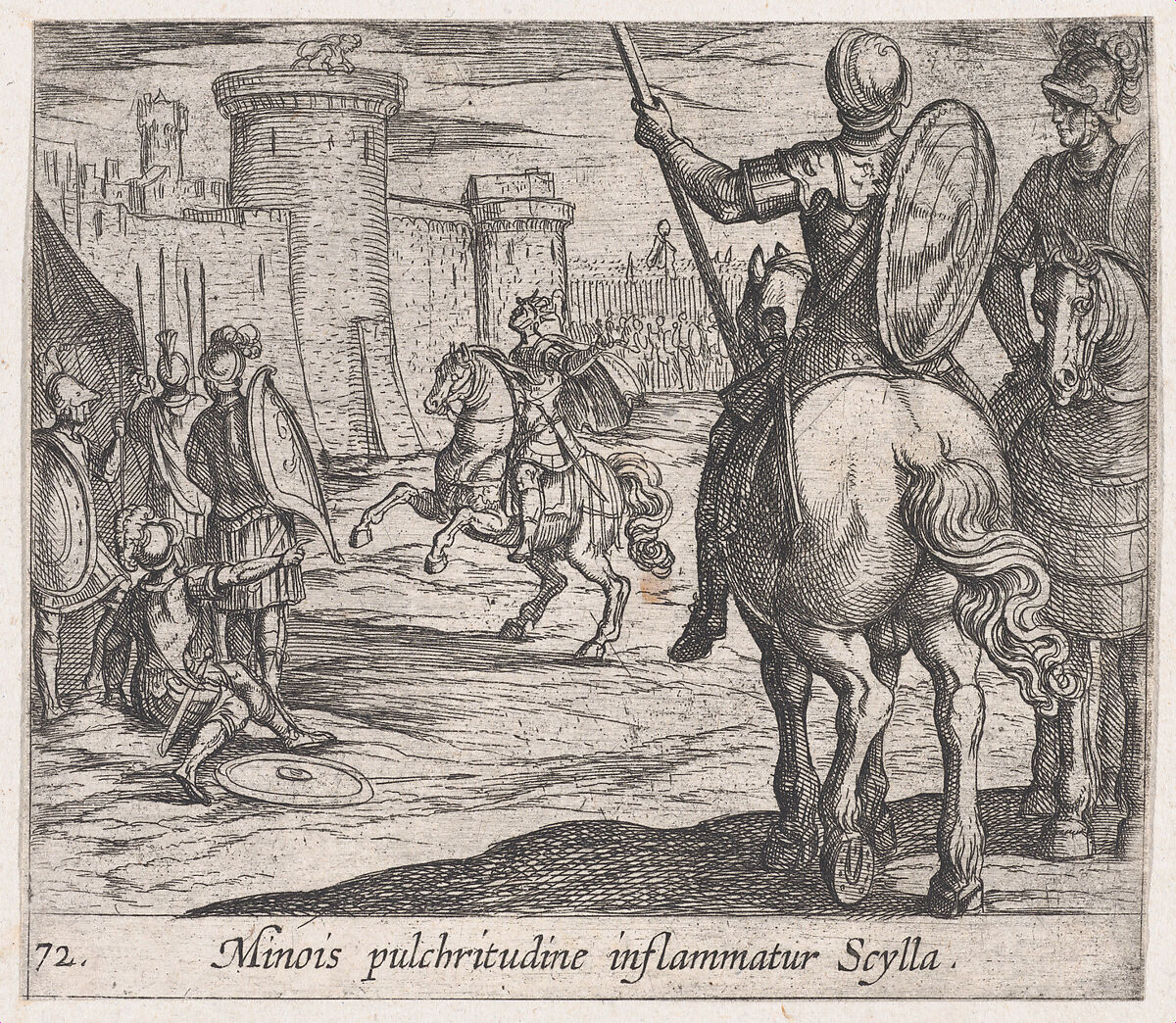 Plate 72: Scylla Watching Minos from the Castle Walls (Minois pulchritudine inflammatur Scylla), from Ovid's 'Metamorphoses', Antonio Tempesta (Italian, Florence 1555–1630 Rome), Etching 