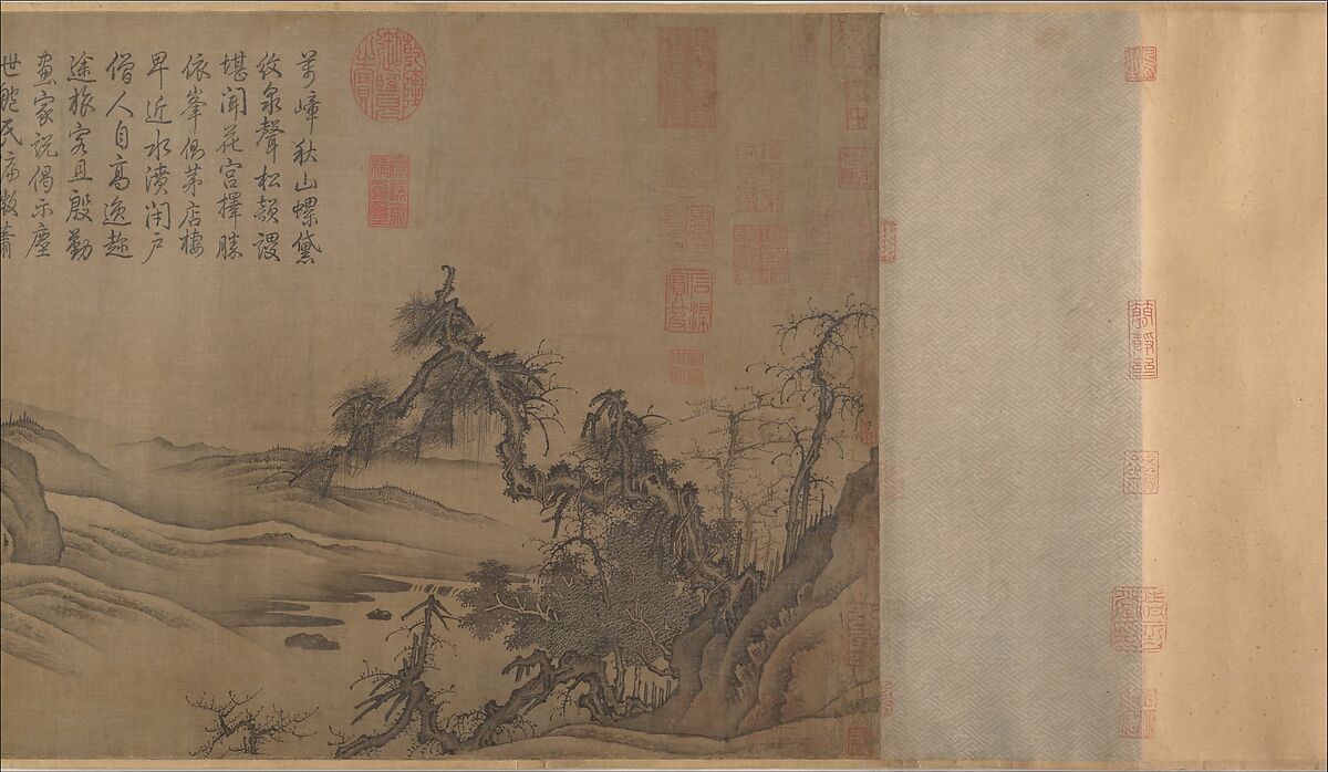 Buddhist Temples amid Autumn Mountains, Unidentified artist  , 14th–15th century, Handscroll; ink and pale color on silk, China