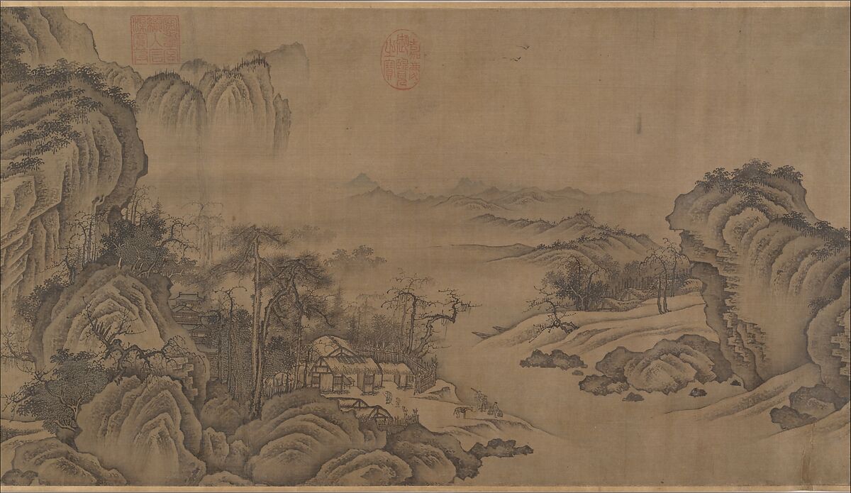Buddhist Temples amid Autumn Mountains, Unidentified artist  , 14th–15th century, Handscroll; ink and pale color on silk, China